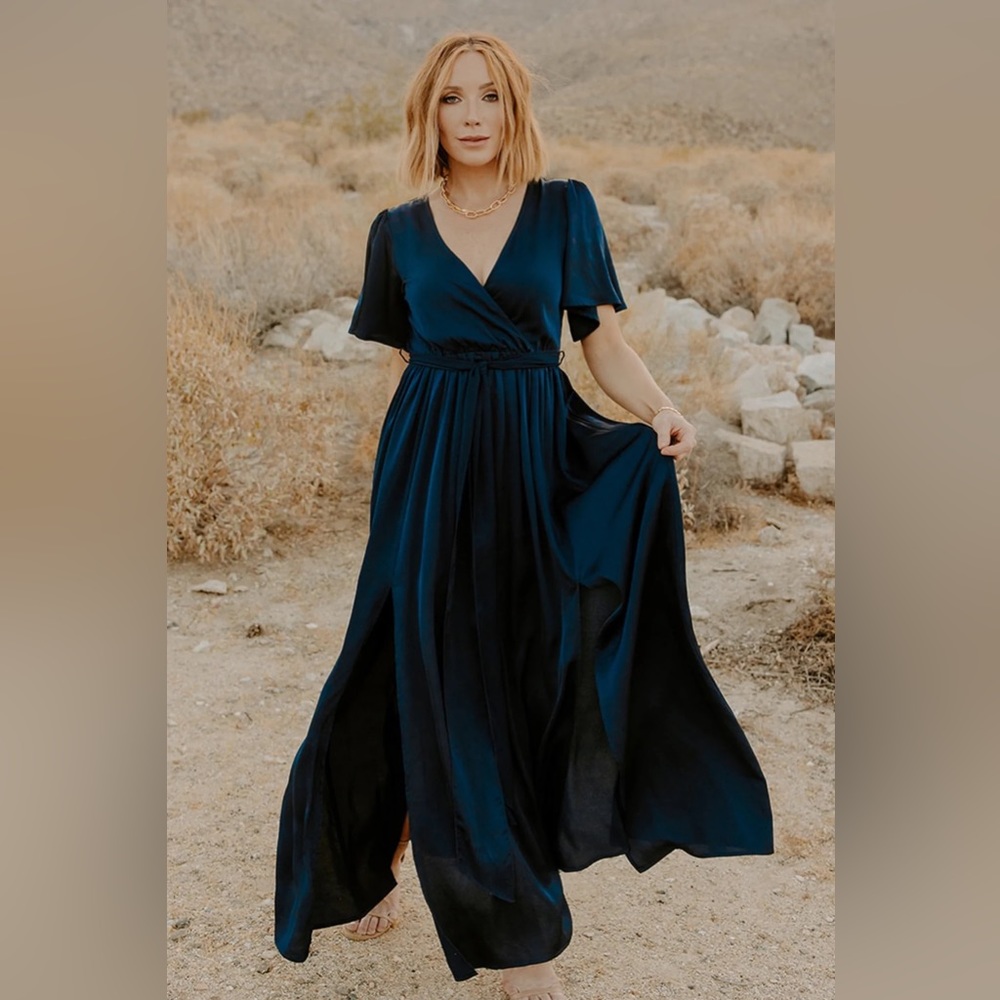 Baltic Born Sicily Satin Formal Bridesmaids Maxi Dress Navy Womens Size Large